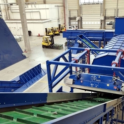 Automated line for sorting PET bottles, Al and Fe cans